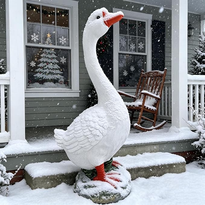 Porch Goose Statue Outdoor 20" Large White Porch Goose Garden Decor,Goose Sculpture for Lawn,Patio,Balcony,Yard Ornament,Cute Resin Goose Figurine Gifts for Mom Grandma Women