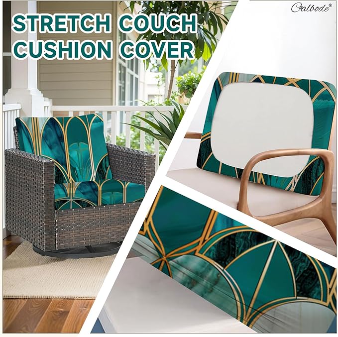 CALBODE 14Pcs Stretch Patio Cushion Cover, Art Deco Geometric Pattern Couch & Sofa Slipcovers for Patio Furniture Cushions Washable Reusable Couch Covers Replacement for All Season(Green, Cover Only)