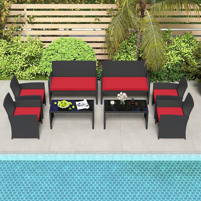 HAPPYGRILL 4 Piece Rattan Wicker Patio Conversation Set, Outdoor Furniture with Chair Loveseat Table & Cushion, for Backyard Porch Balcony (2, Black & Red)