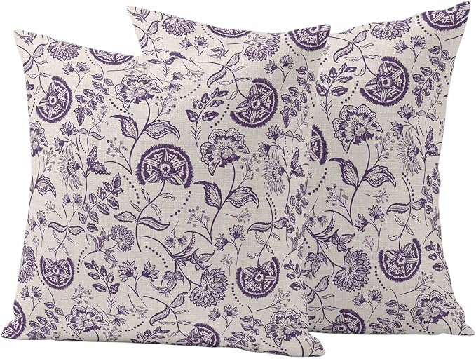 Outdoor Pillow Covers 20x20 Set of 2, Purple Spring Floral Waterproof Patio Throw Pillow Covers for Couch Sofa Chair, Summer Botanical Farmhouse Decorative Pillowcases for Throw Pillows