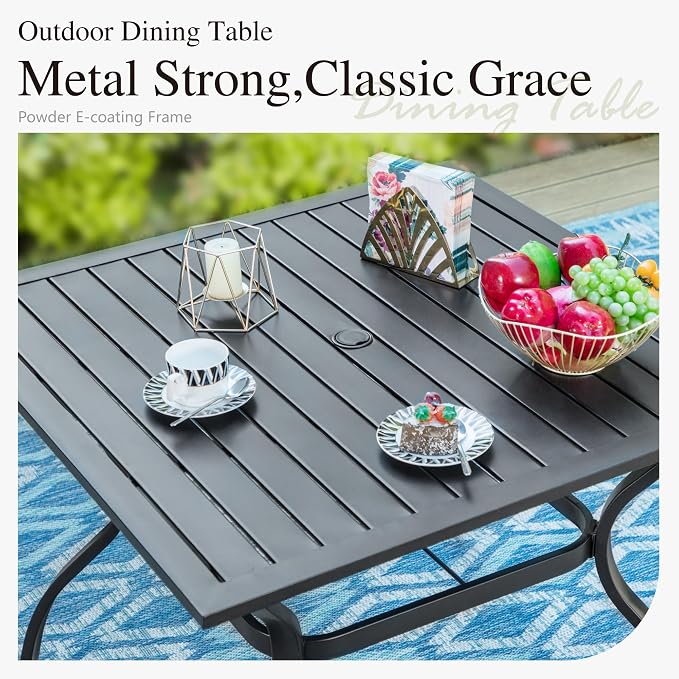 PHI VILLA 5-Piece Metal Patio Outdoor Table and Chairs Dining Set- 37" Square Bistro Table and 4 Backyard Garden Chairs, Table with 1.57" Umbrella Hole
