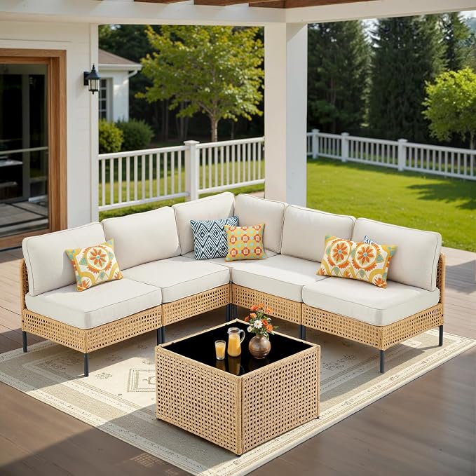 Belord Patio Sectional Furniture Set 6-Piece, Waterproof Outdoor Seating Furniture with Thick Cushions, Wicker Conversation Set for Garden, Poolside