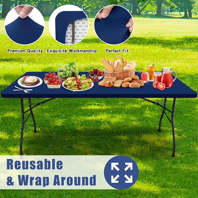 Moosfor Spandex 6 Foot Rectangle Table Cloth 2 Pack, Elastic Fitted Tablecloths for Picnic, Stretch Washable Patio Table Cover for Outdoor, Camping, Banquet and Parties (Navy, 36"x72")