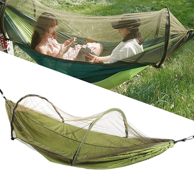 Single Person Hammock with Mosquito Net, Super Light, Removable, Quick Opening, Fruit Green and Dark Green - Tear Resistant Fabric, Portable Storage, Outdoor Relaxation (OD Green)