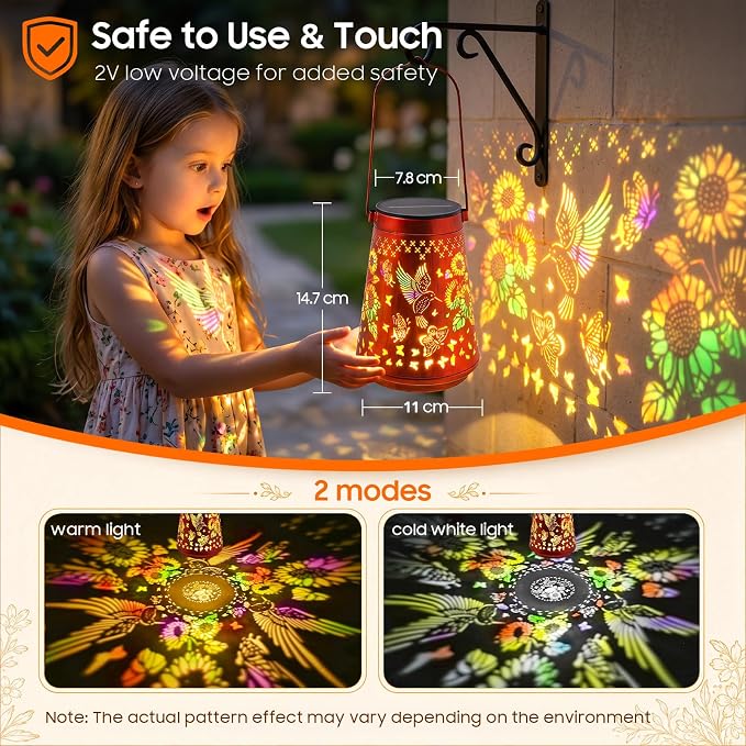 2 Pack Solar Lanterns Outdoor Waterproof Birthday Gifts for Women Mom | Colorful Hollow Metal Sunflowers Butterflies Hummingbirds Lantern, 2 Modes Hanging Solar Lights for Gardens, Patios Decor