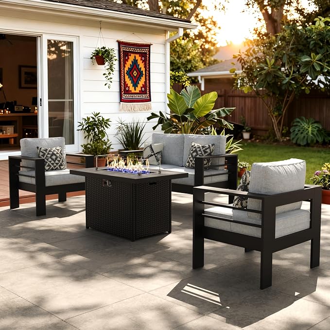 LayinSun Aluminum Furniture Set with Fire Pit Table, 4 Pieces Patio Sectional Conversation Chat Sofa Modern Seating Set