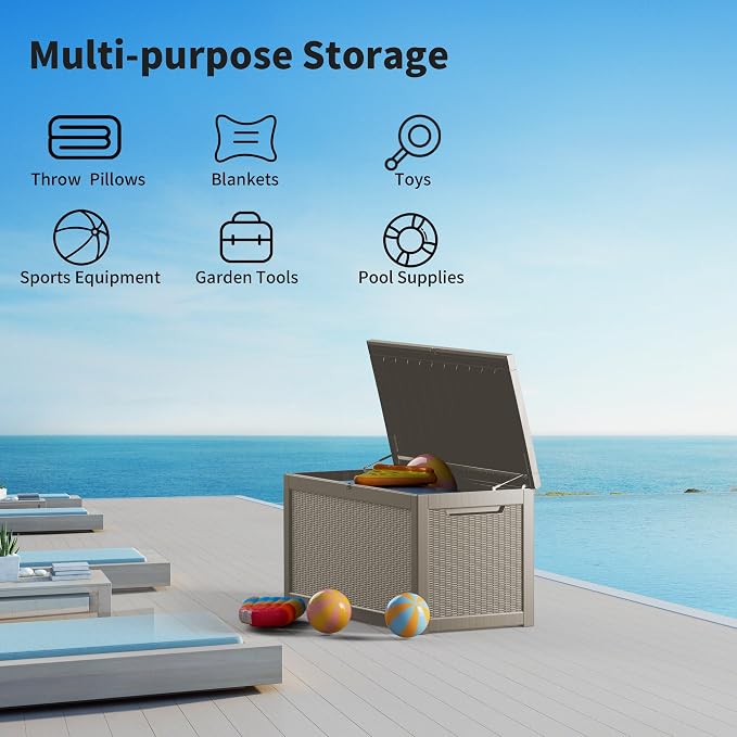 320 Gallon Outdoor Storage Box Waterproof, Lockable Resin Deck Box Large Storage Bin for Patio Furniture Cushion, Garden Tools, Pool Accessories, UV-Resistant Outside, Gray