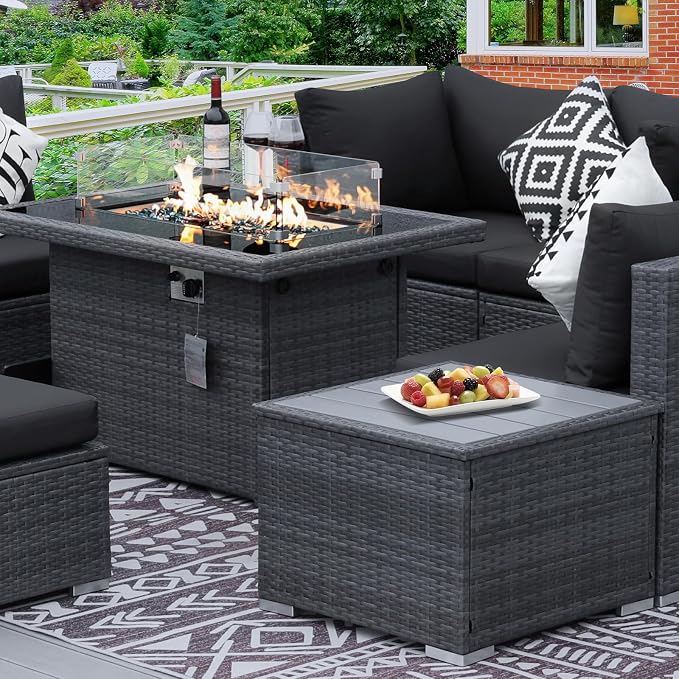 RADIATA 9 Piece Wicker Patio Furniture Set with Fire Pit, All-Weather Outdoor Sectional Couch High Back Large Size, Modular Backyard Seating Sofa Set with Propane/Natural Gas Firepit Table, Grey&Black