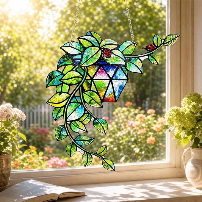 Plant Suncatcher Glass, Stained Glass Suncatcher Plant Window Hanging, Unique Nature Lover Gifts Leaf Idea