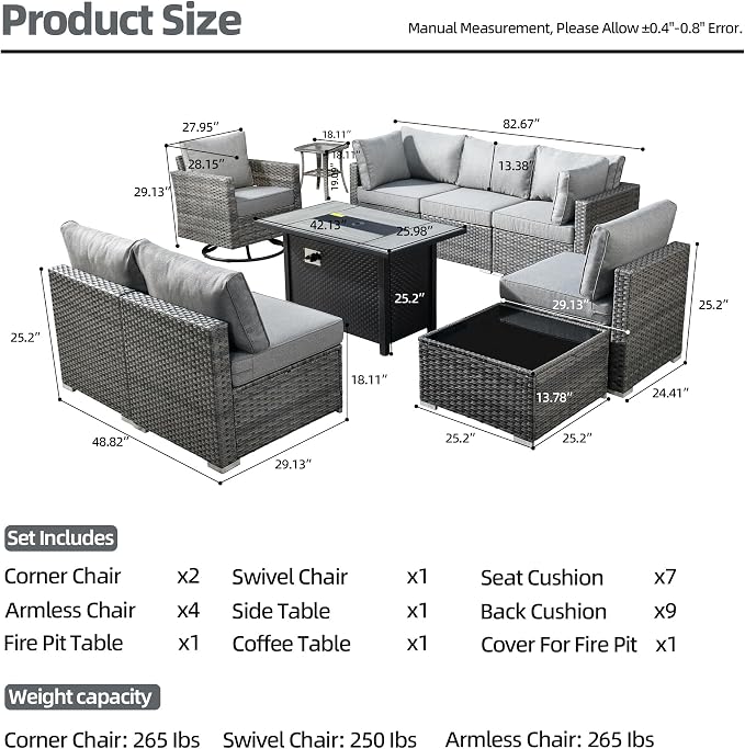 HOOOWOOO 10 Piece Patio Sectional Furniture Set with Fire Pit Table,Modern Wicker Outdoor Conversation Sofa Sets,Weather Resistant Modular L Shaped Outside Couch Swivel Chair Set(Charcoal Grey)