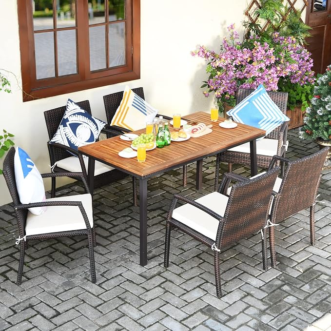 Tangkula 7 Pieces Outdoor Dining Set, Steel Frame Patio Dining Table Set w/ 6 Rattan Armrest Chairs, Modern Conversation Set w/Acacia Wood Top & Umbrella Hole for Backyard Garden Poolside