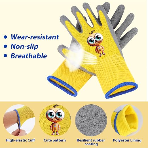 LveSunny Kids Gardening Gloves, 2 Pair Toddler Gardening Gloves, Toddler Boy Garden Gloves, Rubber Non-Slip Safety Work Gloves for Kids, Youth, Fishing, Cycling (Ages 8-12, Yellow & Blue)
