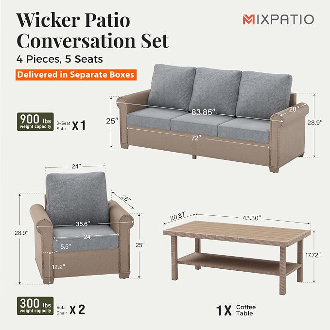 MIXPATIO Patio Furniture Set 4 pcs, Wicker Outdoor Patio Furniture, 3-Seat Sofa, 2 Single Chairs and Coffee Table, Rattan Patio Conversation Set for Backyard Deck, Grey