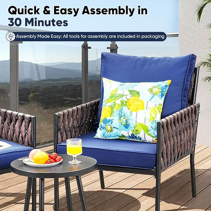 JOYURE 5 Pieces Patio Furniture Set,Outdoor Conversation Set with 2 Round Side Tables,Modern Metal Outdoor Couch with Waterproof Cushions for Backyard,Porch,Navy