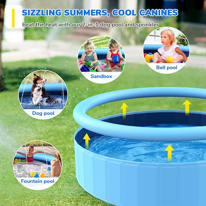 71'' Foldable Dog Pool, Sprinkler Pool for Kids, Non-Slip Dog Swimming Kids Pools, Heavy Duty Dogs Splash Pad Pools for Large Dogs, Hard Plastic Kiddie Pad for Backyard