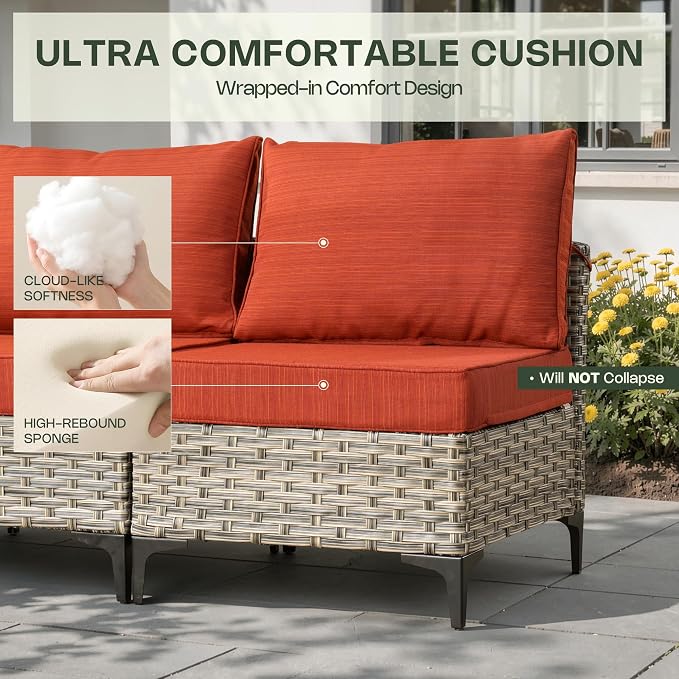 5 Piece Outdoor Sectional Patio Furniture Set with Solar Lighted Coffee Table, Modular Wicker Conversation Set with Flexible L-Shaped Layout for Porch Balcony Backyard, Orange