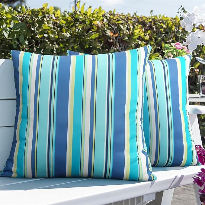 Adabana Patio Striped Outdoor Pillow Covers Waterproof Set of 2, 16"x16" | Colorful Decor, Blue Outdoor Pillows for Patio Furniture Garden Porch