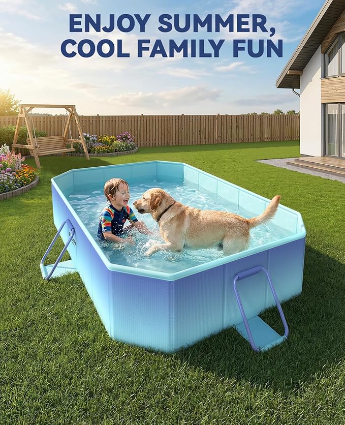 HeySplash Foldable Pool, Non-Inflatable Swimming Pool with Rigid Puncture-Proof Hard Composite Board, Kiddie Pool Outdoor Pool, Adults & Kids Pool for Backyard Garden Dog Pool 59"×45"×17", Ice Blue