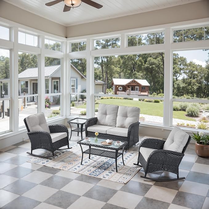 Belord 5 Piece Outdoor Conversation Patio Furniture Set - All-Weather Wicker Patio Rocking Chairs with Loveseat Glider Chair and Coffee Table for Patio Deck Porch Backyard Black Wicker
