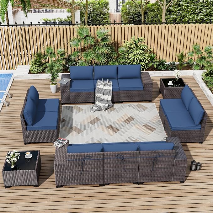 ALAULM 12 Pieces Outdoor Patio Furniture Set Sectional Sofa Sets Brown PE Rattan Patio Conversation Set w/10 Dark Blue Seat Cushions and 2 Coffee Tables