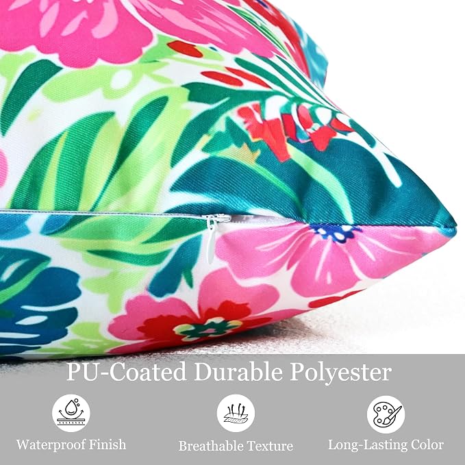 Outdoor Pillow Covers 18x18 Inch Set of 2 Tropical Floral Plants Boho Throw Pillows Cases Waterproof Square Garden Cushion Sham for Patio Funiture Tent Balcony Bench Sofa Couch