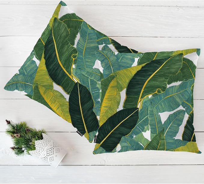 Swono Palm Leaves Home Decorative Throw Pillows Covers, Tropical Leaf Jungle Palms Set of 2 Outdoor Pillow Case for Livingroom Bedroom, Boho Pillow Cushion Covers for Man Woman 18"X18", Green