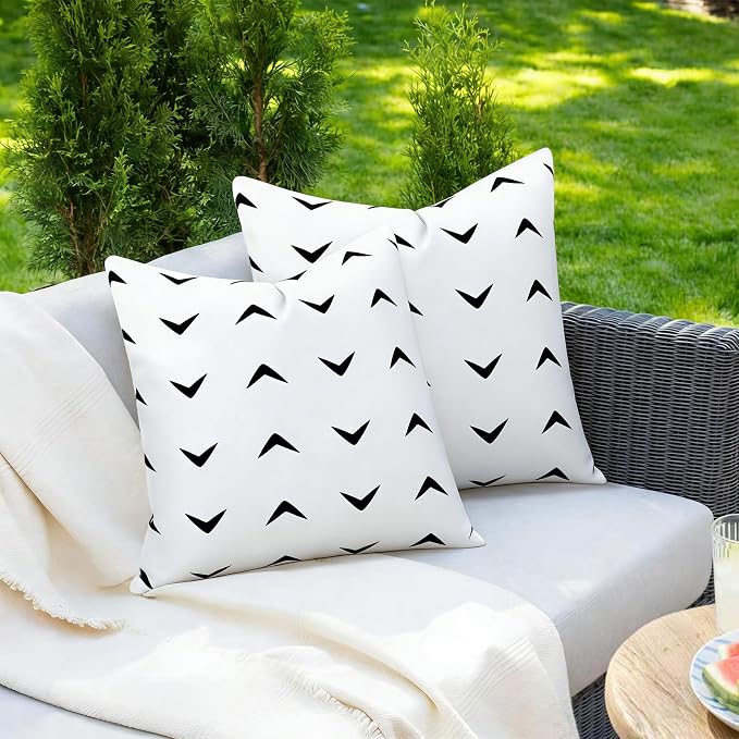 Adabana Geometric Waterproof Outdoor Pillow Covers 18x18 Black and White | Set of 2 Waterproof Design for Patio, Porch, Garden and Beach Decor