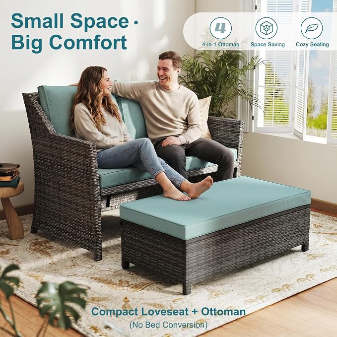 OC Orange-Casual 2-Piece Outdoor Patio Furniture Wicker Love-seat and Coffee Table Set, with Built-in Storage Bin, Grey Rattan, Green Cushions