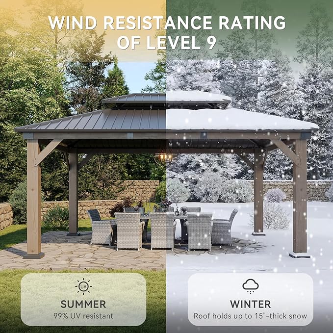 Aoxun 12' x 16' Outdoor Wood Gazebo, Hardtop Gazebo Permanent Wooden Pavilion with Galvanized Steel Double Roof, and LED Outdoor Waterproof Hanging Lights, for Patio, Garden, Deck, Cedar Wood