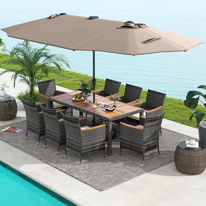 Tangkula 11 Pieces Patio Dining Set with 15 ft Double-Sided Patio LED Umbrella (Base Included), Outdoor Rattan Furniture Set with 8 Armchairs, 1 Rectangular Acacia Wood Dining Table (Tan)
