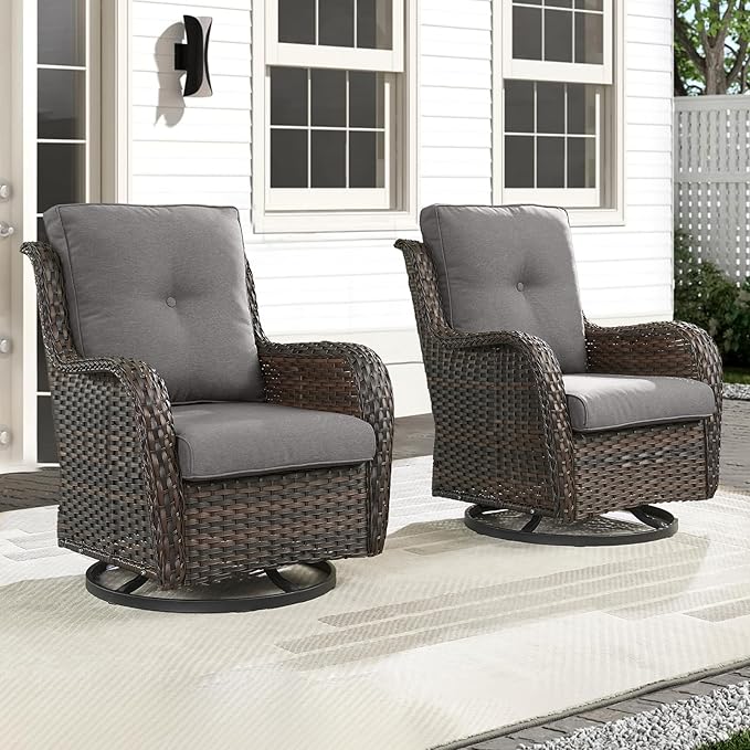 Outdoor Swivel Rocker Patio Chairs-Wicker Patio Swivel Chairs Set of 2 PE Rattan Patio Furniture for Porch Deck Balcony Garden-Brown/Grey