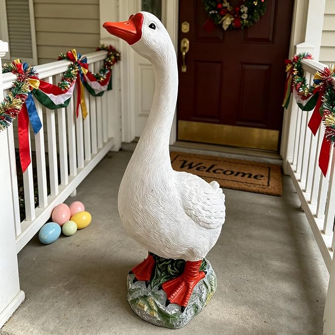 Porch Goose Statue Outdoor 20" Large White Porch Goose Garden Decor,Goose Sculpture for Lawn,Patio,Balcony,Yard Ornament,Cute Resin Goose Figurine Gifts for Mom Grandma Women