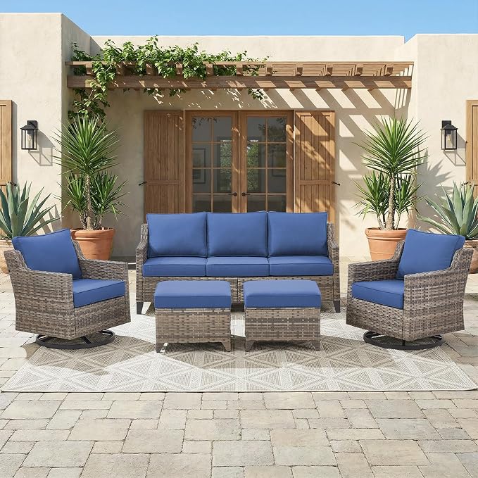 Belord Patio Wicker Swivel Rocker Patio Chairs with 3-Seater Sofa, Outdoor Rattan Chairs for Deck Porch Garden, 5 Piece Patio Conversation Furniture Set,Blue