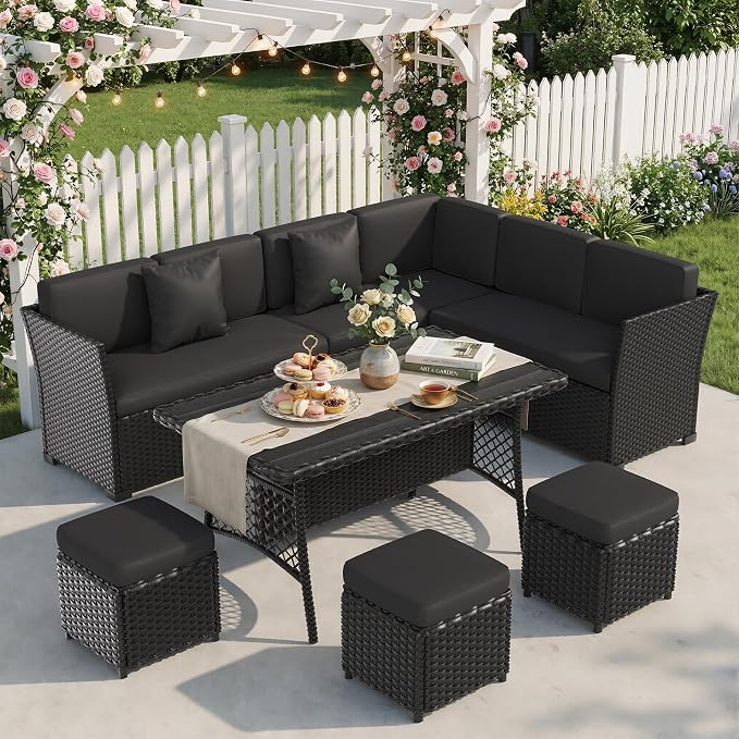 Patio Furniture Set, 7 Pieces Outdoor Dining Sets, All Weather Rattan Conversation Set, Outdoor Dining Sectional Sofa with Large Dining Table, Ottoman (Black-Black, A-7 Pieces)