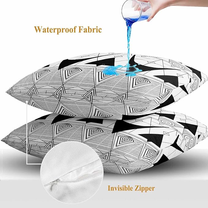 Throw Pillow Covers 20x20 Inch Set of 2, Black White Geometric Waterproof Outdoor Pillow Covers, Vintage Art Striped Decorative Cushion Pillowcases for Couch, Sofa, Bed, Garden, Patio