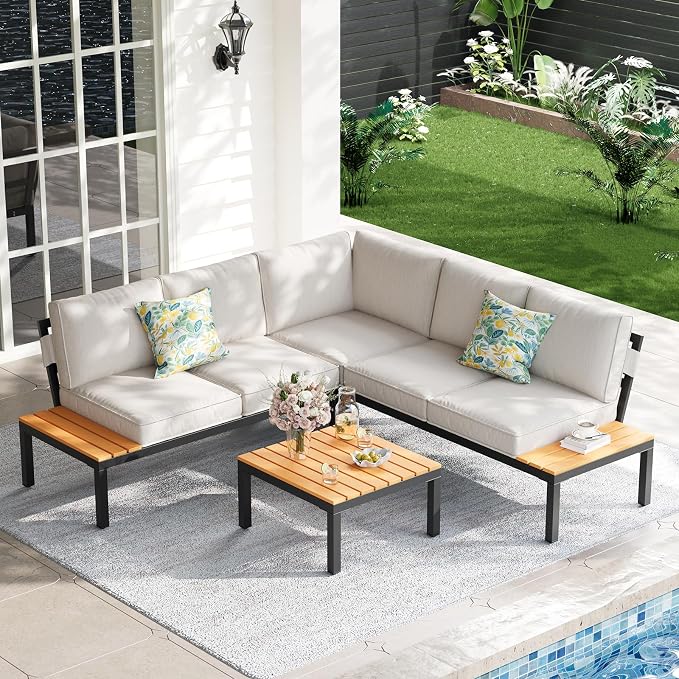 5-Person Outdoor Patio Furniture Set, Durable Metal Frame Outdoor Sectional with Wood-Look Table & Waterproof Cushions, All-Weather Conversation Set for Garden, Balcony, Poolside-Beige