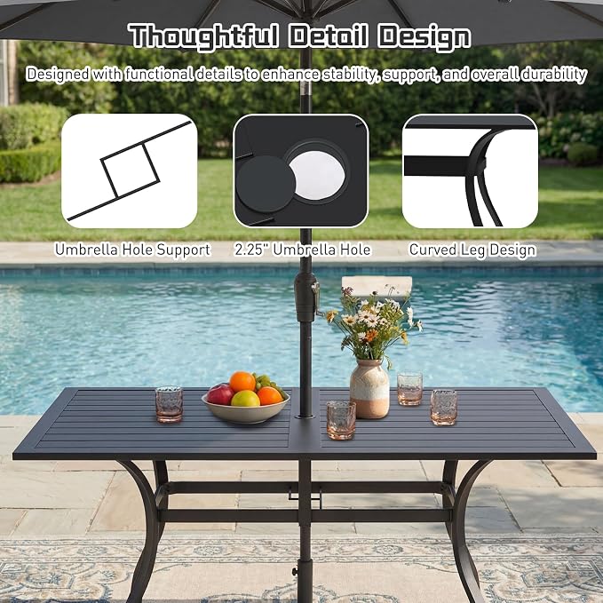 7 Piece Outdoor Patio Dining Set, 62’’ Rectangular Metal Dining Table with Umbrella Hole & 6pcs Patio Swivel Rocking Chairs, Outdoor Furniture Dining Set for Patio, Balcony, Lawn, Garden, Backyard