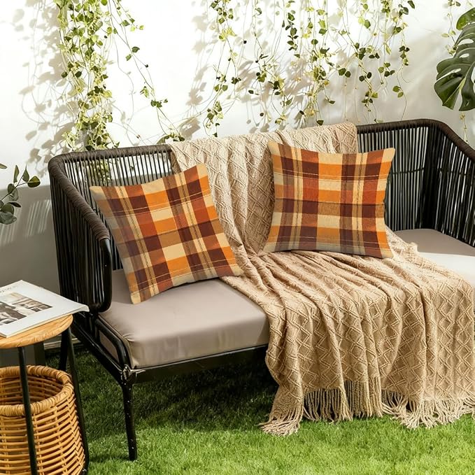 20x20 Inch Outdoor Pillow Covers Set of 2 Waterproof Throw Pillow Covers Decorative Couch Cushion Covers Buffalo Check Orange Square Pillowcases Protectors for Patio Garden Sofa