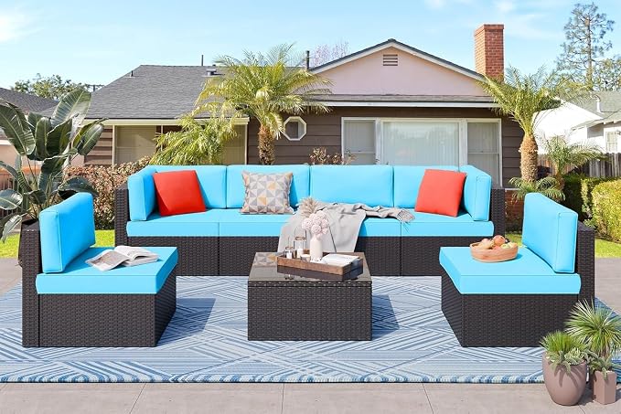 7 Pieces Outdoor Patio Furniture Set with Cushions, PE Manual Weaving Rattan Sectional Sofa, Glass Table Included, Weather Patio Conversation Set for Garden Backyard Deck(Blue)