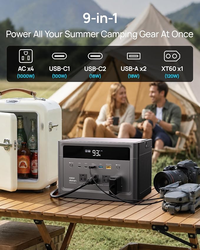 DARAN Portable Power Station 1000W, 576Wh Solar Generator with 4 AC Outlets (2000W Surge), 100W PD Fast Charge, LiFePO4 Battery Backup for Camping, RV & Home Use