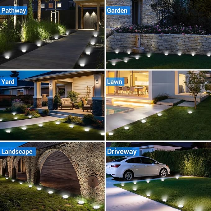 Mini Solar Ground Lights Outdoor, 4 Pack Flat Solar Powered Disc Lights, IP68 Waterproof, Anti-Rust, Landscape Lighting for Pathway Garden Yard Lawn Walkway Landscape Driveway, Cool White