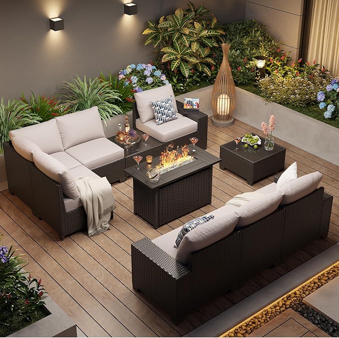 Aoxun Patio Furniture Sets with 44'' Fire Pit, 10 Pcs Outdoor Patio Coversation Set with 4'' Thicken Cushion, Widen Armrests Wicker Outdoor Sectional for Backyard & Garden, Black