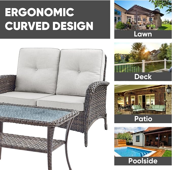 HUMMUH 4-Piece Patio Furniture Wicker Outdoor Conversation Set,All-Weather Rattan Outdoor Sofa Set Patio Chairs Coffee Table for Backyard,Porch,Deck
