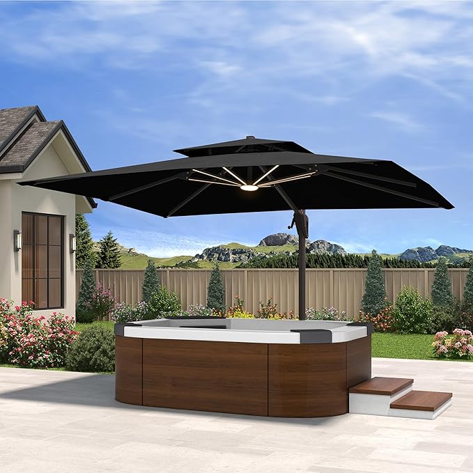 10' X 13' Cantilever Patio Umbrella with Led Lights Double Top Rectangular Outdoor Large Offset Umbrellas with 7 Tilts Adjustable 360°Rotation for Deck Pool Garden Backyard, Black