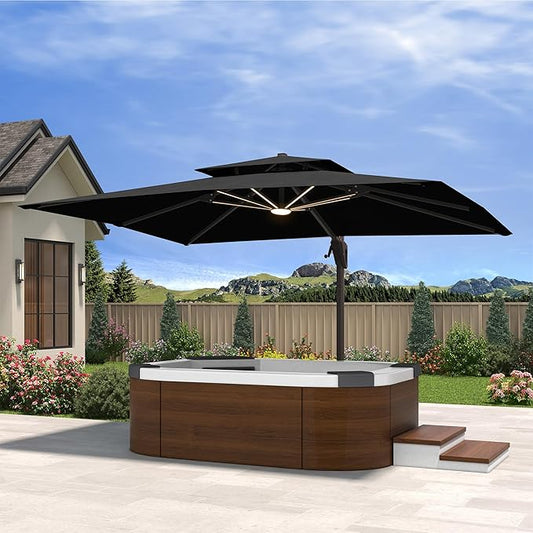 10' X 13' Cantilever Patio Umbrella with Led Lights Double Top Rectangular Outdoor Large Offset Umbrellas with 7 Tilts Adjustable 360°Rotation for Deck Pool Garden Backyard, Black