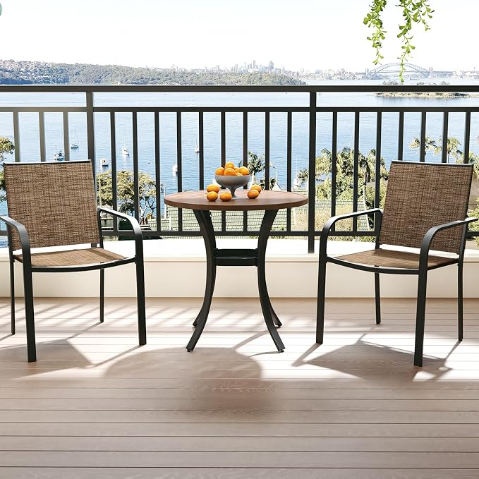 Anmutig Outdoor Bistro Set for 2, Stackable Chairs & Metal Table, Brown | Weather-Resistant Textilene, Black Powder-Coated Steel Frame, Storage Shelf, Easy Assembly, Balcony, Deck, Poolside Use