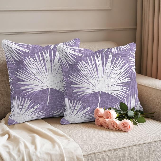 Throw Pillow Covers 26x26 Inch Set of 2, Purple Palm Leaves Coastal Waterproof Outdoor Pillow Covers, Summer Tropical Botanical Boho Decorative Cushion Pillowcases for Couch, Sofa, Bed, Garden, Patio