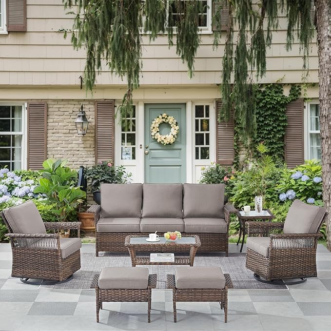 Patio Furniture Set Wicker Swivel Glider Chairs PE Rattan Sofa Ottomans with Grey Cushions Patio Coffee Table and Side Table Brown Wicker Patio Conversation Set 7pcs for Patio