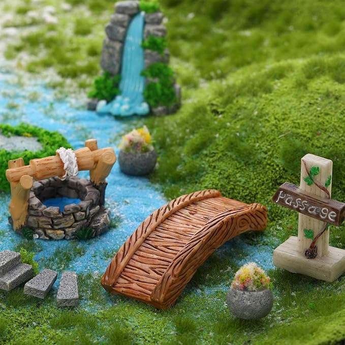 Mini Fairy Garden Accessories, Miniature Landscape Decorations Included Mini Bridge Pond Water Well for DIY Craft Lawn Pond Decor