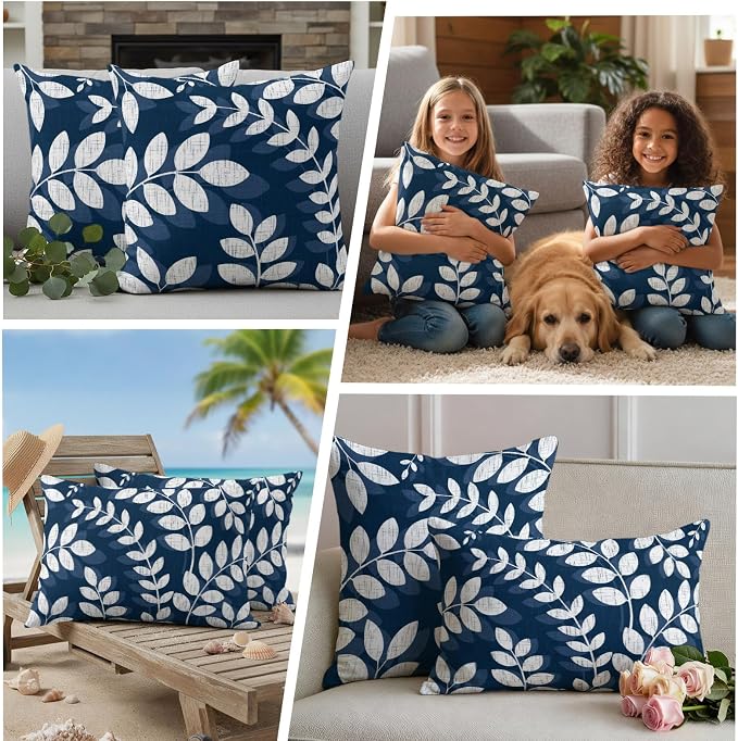 Navy Blue Leaves Outdoor Waterproof Throw Pillow Covers 26x26 Set of 2, Farmhouse Botanical Branch Vintage Boho Leaf Decorative Pillowcases Cushion Pillowcase for Couch Sofa Patio Pillow Protector